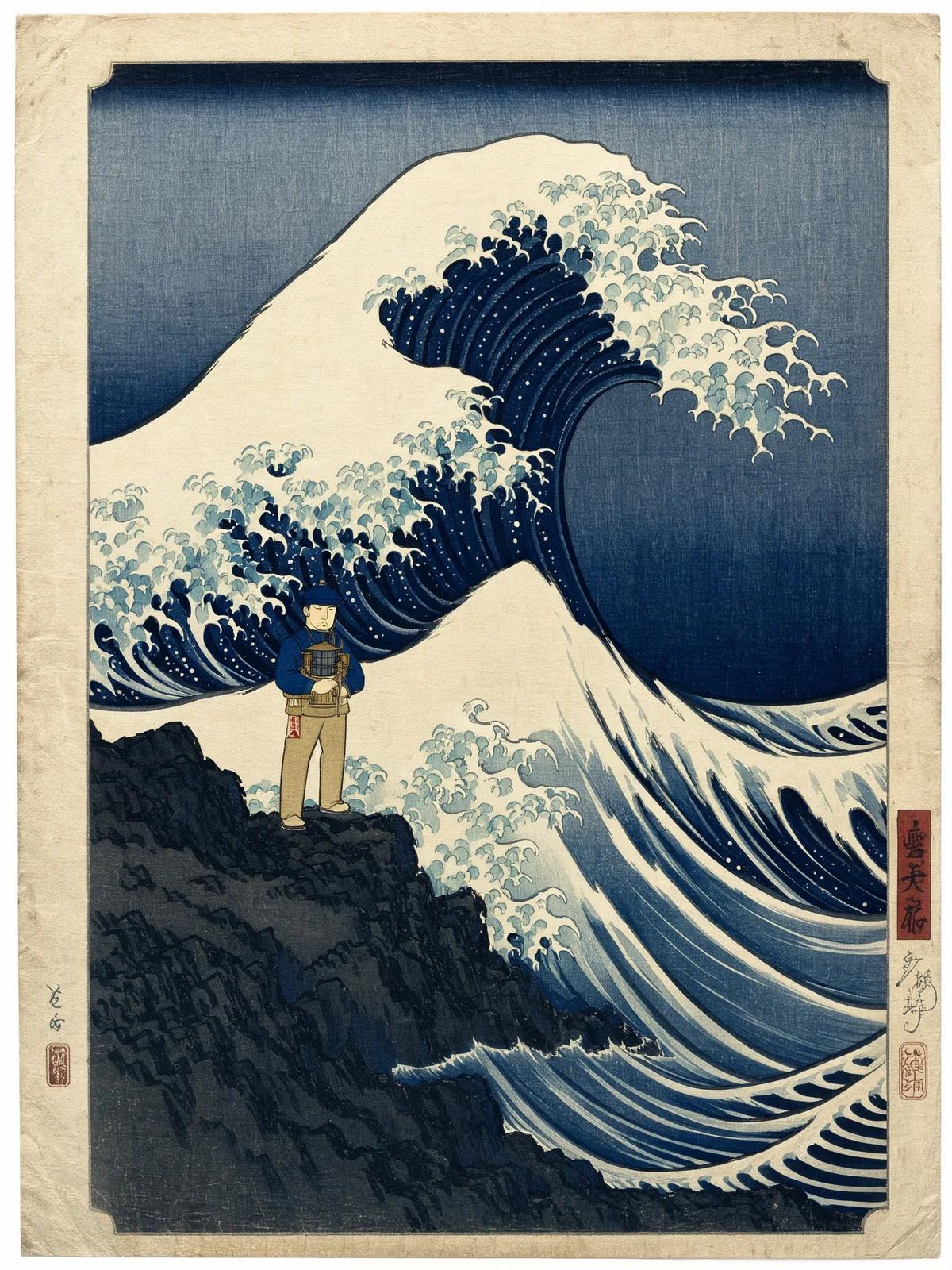 风浪中灯塔守望者的木版画风格插画