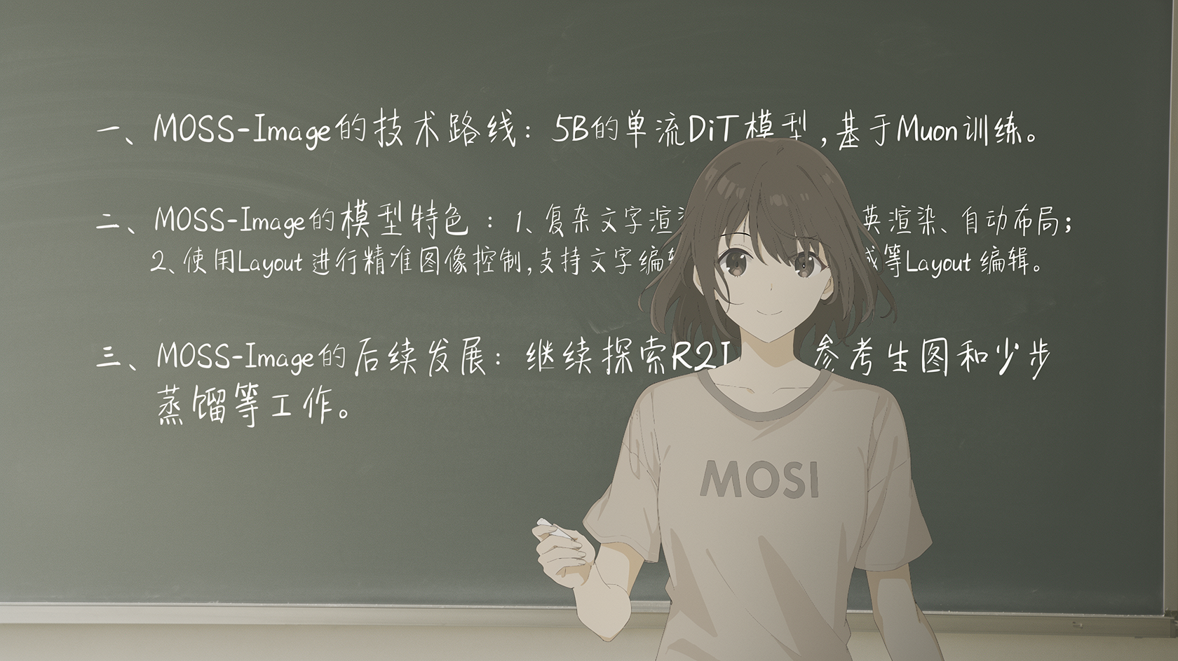 动漫风格的教室场景，人物站在写有中文手写文字的黑板前