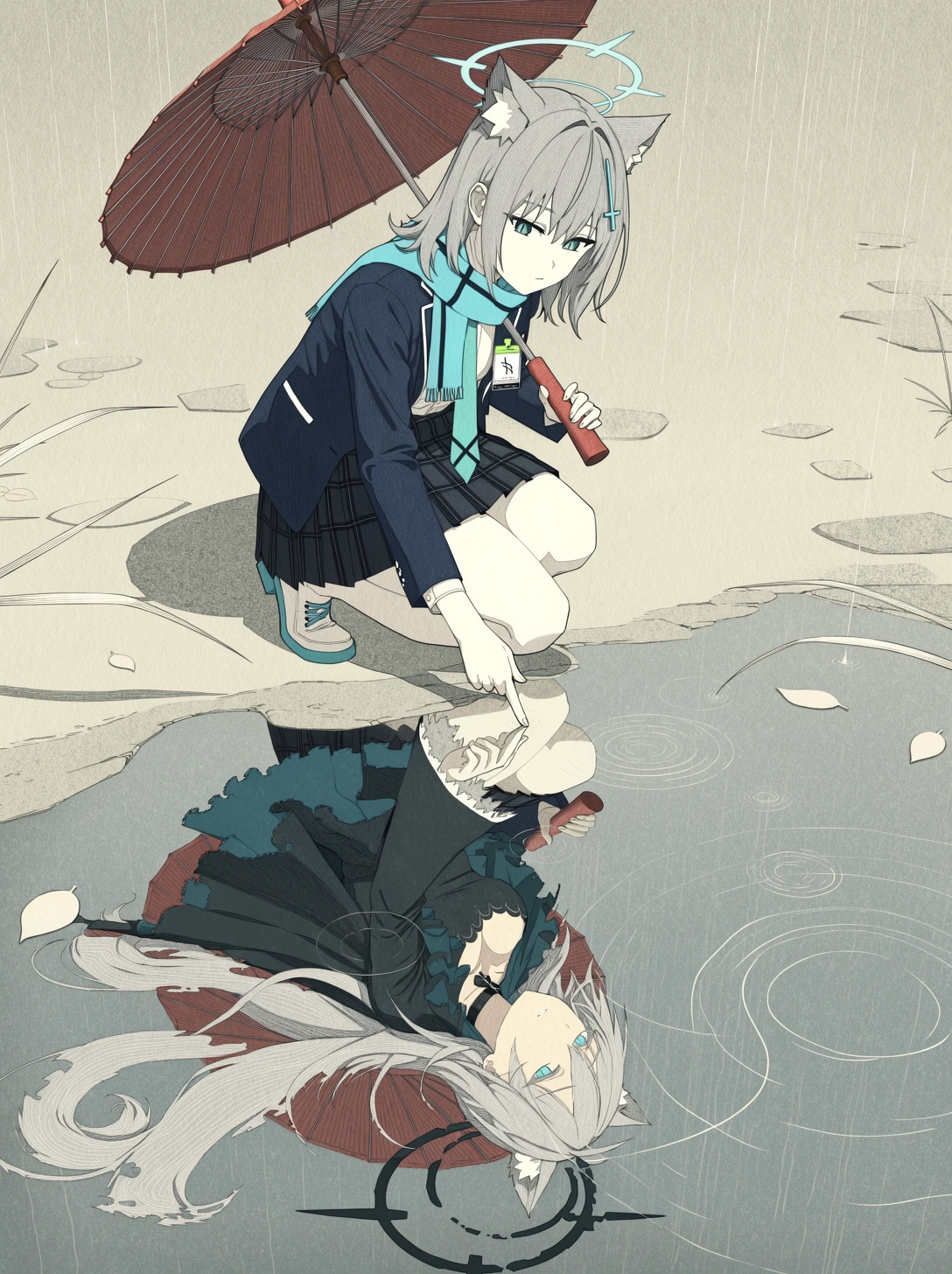 插画人物撑着伞，伸手触碰雨后水洼中的倒影