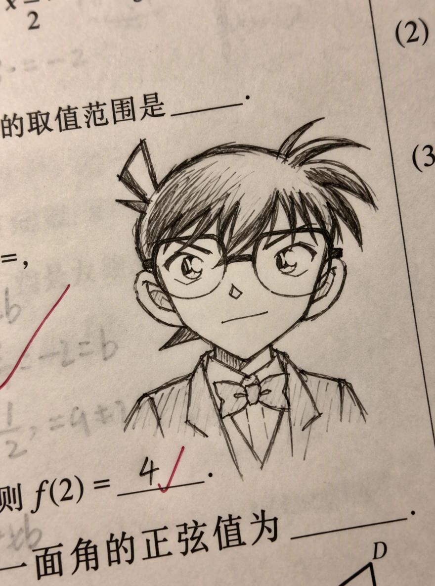 中文数学练习纸上戴眼镜人物的铅笔画