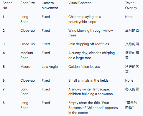 Seedance family storyboard reference for a childhood seasons opening